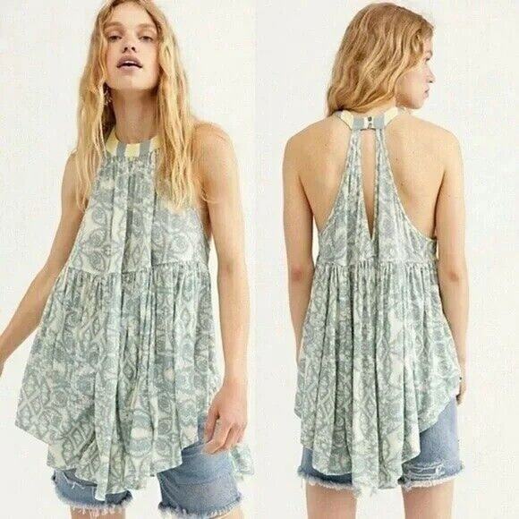 Free People Mimi Tunic Top Small Blue White Linen Blend Tank Flowy Loose Boho - Picture 11 of 12